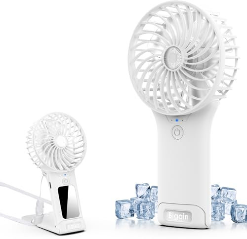 Bigqin Ventilador Mano Portátil USB, 2000 mAH 4 Velocidades Mini Ventilador Mesa mit Espejo, Mini Fan Silencioso Admirador Pequeño para Biblioteca Oficina Camping Picnic