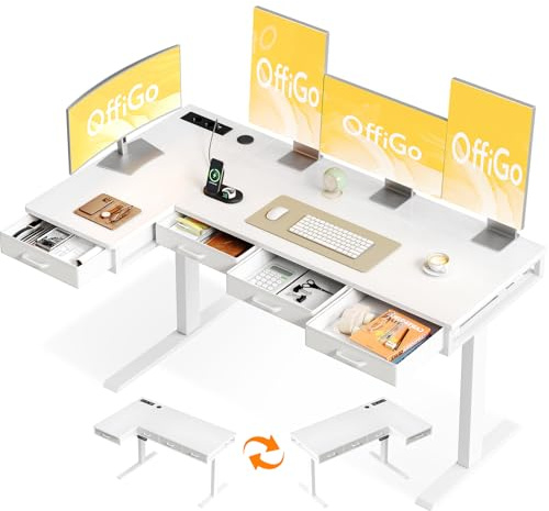 OffiGo Eckschreibtisch Höhenverstellbar mit 4 Schublade, 160 x 80cm, Weiß | Höhenverstellbarer Schreibtisch mit Steckdose, Elektrischer Tisch L Form mit Schubladen für Büro und Arbeitszimmer