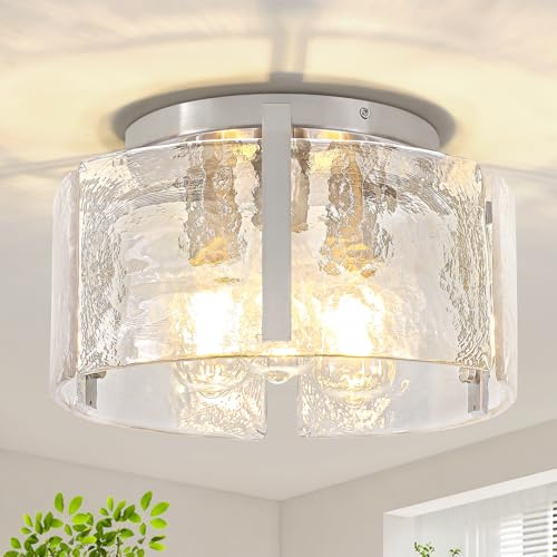 15'' Modern Brushed Nickel Semi Flush Mount Ceiling Light, Hallway Light Fixtures, 3-Light Glass Ceiling Lights for Entryway Kitchen Dining Room Foyer Bedroom Laundry Room Bathroom Lighting Fixtures
