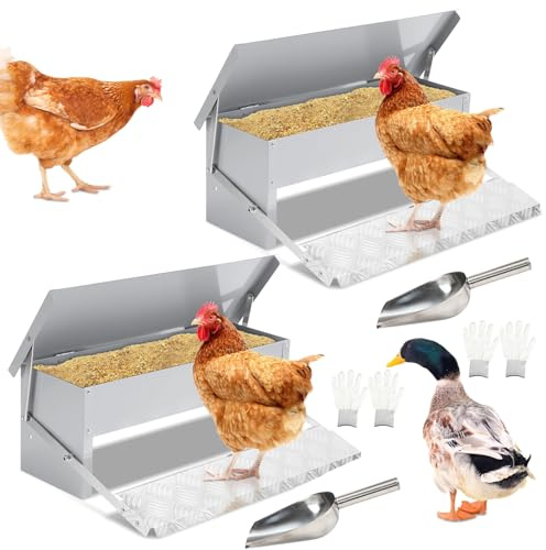 2x Jaxguom Futterautomat Hühner 5KG Futterspender Futtertrog mit Automatisches Pedal, EdelEisenlöffel und Handschuhe, Hühnerfutter für Geflügel, Wasserdicht und rattensicher