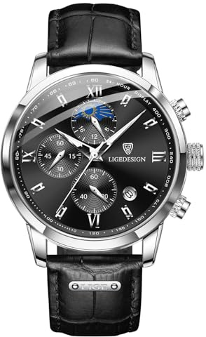 LIGE Montre Homme Etanche Cuir Montres Hommes Rétro Élégante Analogique à Quartz Chronographe Date Phase de Lune Aiguilles Luminescentes Vintage Waterproof Mens Watches,Argent Noir