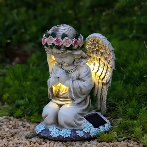 Statue De Jardin d'ange Solaire, Sculpture d'ange Féérique avec Solaire LED, LumièRe Solaire d'ange Priant Résistante aux intempéries, DéCoration De Jardin ExtéRieur De CimetièRe, 20.5×15.5×14 cm, B