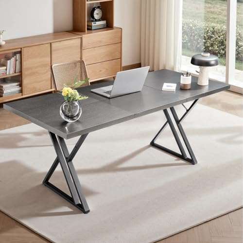 Younhomedge 70.9Inch Office Desk, Executive Office Desk，Modern Industrial Style, Z-Shaped Table Legs, Country Black Wood Grain Top, for Home Office, Study, Conference (Ash Black)