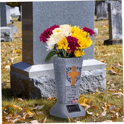 Solar Cemetery Grave Vase with Light Up Cross & Lament Resin Cemetery Vases with Spikes Carved Weather Resistant Grave Vase for Fake/Fresh Flowers, Flower Not Included, Flower Pots, Solar Ceme
