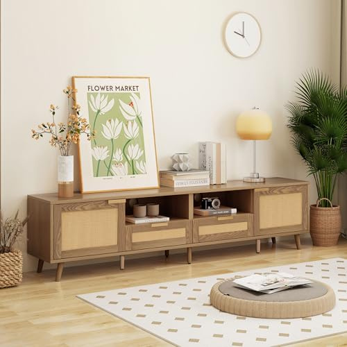 LINKHOO Meuble TV, Design en rotin synthétique, Pieds en Bois Massif, avec 2 tiroirs et 2 Portes, capacité de Poids 30kg, 200 * 37 * 49 cm, chêne