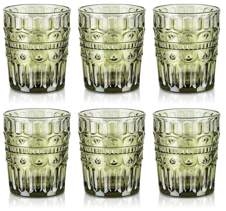 Joeyan Drinking Glasses Set of 6, 320ml/11oz Ribbed Embossed Water Glass Tumbler with Geometric Pattern, Colored Vintage Glassware Beverages Cup for Whisky, Cocktail, Beer, Juice, Tea, Green