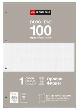 Miquelrius A4 rutigt 5 x 5 mm påfyllningsblock med 100 ark (90 g/m²) med standardperforeringar för ringpärm, skolmaterial, grå