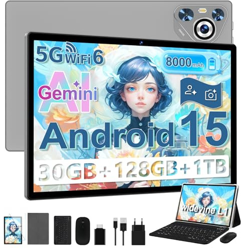 Tablet Android 15, 30GB RAM 128GB ROM(TF 2TB Espandibile), 10 Pollici, 8000mAh, WIFI 5G/ GPS/BT5.0/OTG, Face ID, Widevine L1, Tablets Corpo in Metallo con Tastiera, Mouse, Custodia Protettiva -Grigio