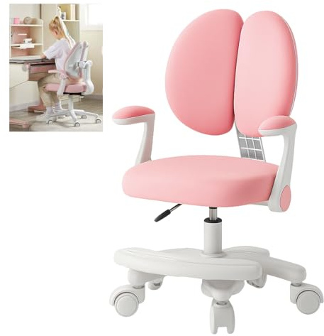 Skrivstol för barn, ergonomisk kontorsstol barnsnurrstol ungdomsstol med 360 graders hjul och fotstöd, justerbar höjd bekväm lärostol för barnrum (rosa, standardutgåva)