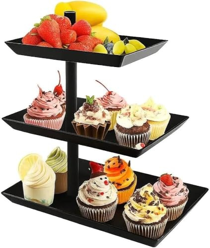STOUCLA 360° Rotierend Kuchenschale Snackhalter Ausziehbar,Schwarz 3 Etagen Drehbar Obst Tortenständer,Servierplatte Metall Dessert Tisc,für Party Hochzeit Büro