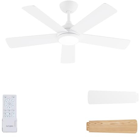 AUTODAY Ventilatore a soffitto con luce LED dimmerabile, 24 W, motore DC silenzioso 32 W, 106 cm, ali in compensato bicolore, telecomando con funzione di memoria, 6 livelli di velocità, Bianco