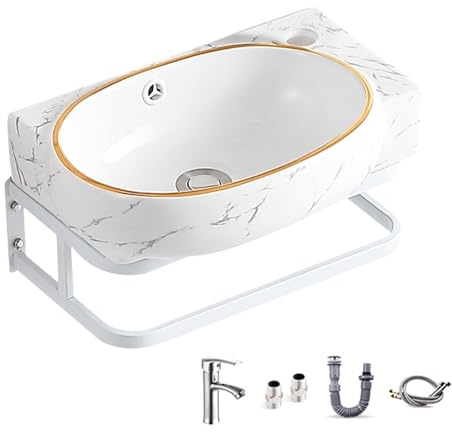 Lavabo Bagno a Parete con Rubinetto, Lavandino Bagno Angolare in Ceramica con Portasciugamani per Piccoli Appartamenti, Bagni, Lavanderie e Cucine(51x22x24cm/20x8.5x9.5in)