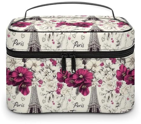 Grande borsa da viaggio in pelle, organizer da viaggio con fiori rosa brillante Torre Eiffel, trousse per cosmetici da donna, per la cura della pelle delle unghie, organizer per trucchi con scomparti