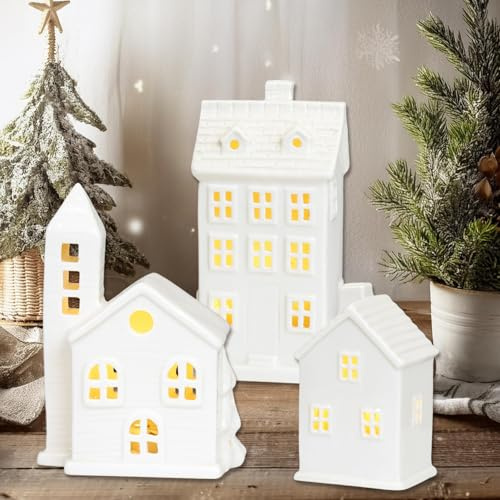 Obelunrp 3 st vit keramisk LED julby, porslin upplyst jul hus bord display