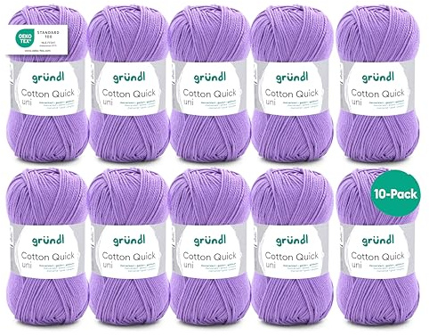 Gründl Wolle Cotton Quick uni Häkelgarn 10 Knäuel 50 g, Lavendel | dünne Wolle zum Häkeln - Strickgarn - Häkelgarn - Glänzend und hautfreundlich - 100 % Baumwolle - 50 g / 125 m