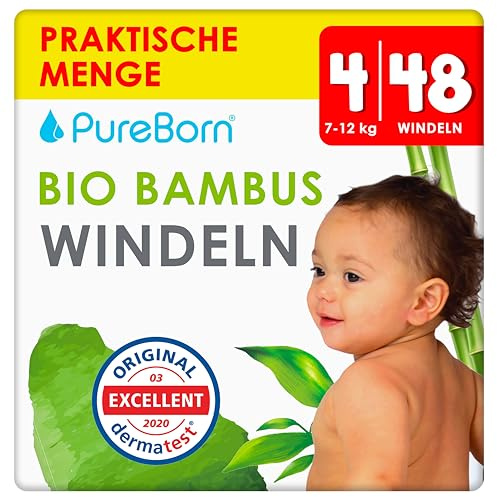 PureBorn 48 Couches Taille 4 (7-12 kg), Ultra-Absorbantes, Hypoallergéniques, Couches douces pour Bébé 7-12 mois, Testées Dermatologiquement, Anti-fuites, Écologiques en Bambou Naturel
