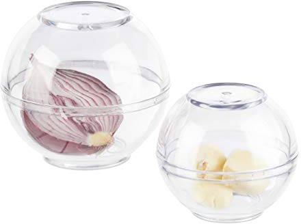 Relaxdays Zwiebeldose 2er Set, Frischhaltekugeln Knoblauch & Zwiebeln, Kühlschrank, Kunststoff, 7 & 9 cm Ø, transparent