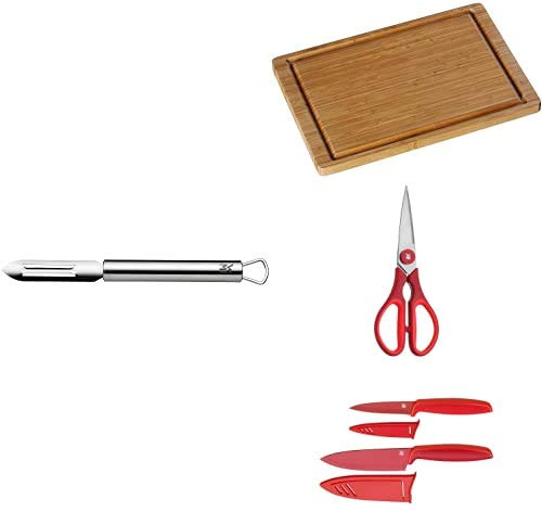 WMF Pelador de Verduras + Tabla de Cortar de Madera de Bambú + Tijeras de Cocina + Juego de 2 Cuchillos de Cocina de 24 y 20.5 cm con Funda Protectora