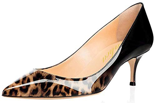 Zapatos de tacón de mujer de encaje de charol elegante confort Slip On Kitten Heel Vestido Zapatos, Leopardo negro., 38 EU