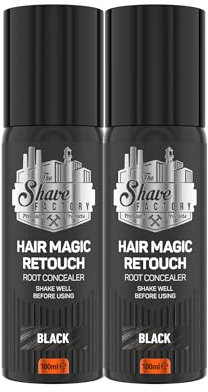 The Shave Factory Magic Retouch Spray de 100 ml para cubrir la raíz del cabello, corrector para el cabello, espray para la raíz del cabello, no más raíces (2 unidades, negro)