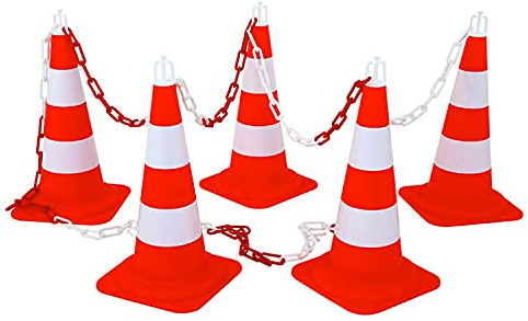 Leitkegel 50 cm 5er Set mit Kette - Verkehrskegel & Warnkegel Pylone | Wetterfeste Pylonen Outdoor Set mit 7,5 m Absperrkette, robuste Absperrhütchen für Baustellenabsperrung und Straße