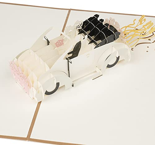 AIYONG Tarjeta de Boda Pop-Up – Pareja de novios en el coche de la boda – Tarjeta felicitación 3D para regalo matrimonio o luna de miel, Tarjeta de regalo emergente con sobre