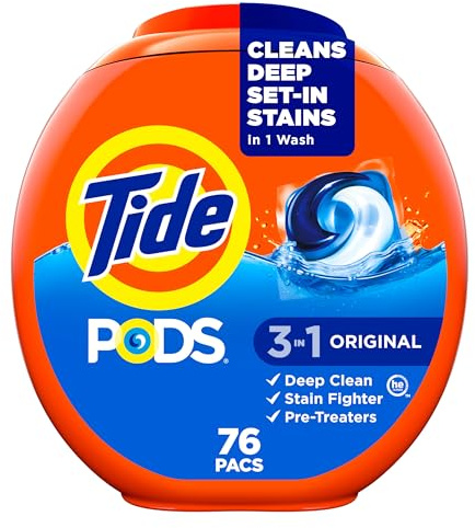 Tide PODS laundry detergent pacs, 3-in-1 Stain Remover, Odor Fighter, Color Protector, 76 Count, HE compatible, Original Scent