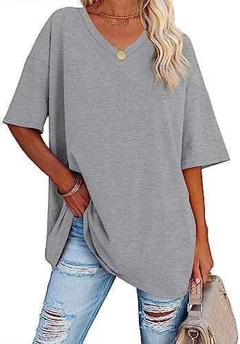 WINKEEY T-Shirt à Manches Courtes Femme Col V Oversize Top Basique Casual Sport, Gris Clair XL