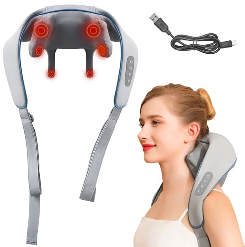 OneNine Massagegerät Schulter Nackenmassagegerät mit Wärme, Shiatsu Massagegerät mit 3D-Massage von tiefem Gewebe, 6 Silikon-Massageköpfe, Muskelschmerzlinderung für Nacken, Rücken, Schulter