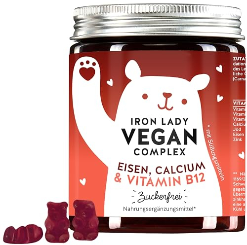 Iron Lady Vegan Komplex mit hochdosiertem Eisen, Vitamin B12, B1, B6, C, D3 & Jod – Vitamin Gummies - 60 Stück (1 Monat Vorrat) - Zuckerfrei, Vegan - Bears with Benefits