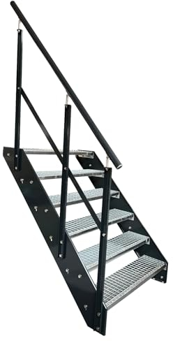 Kaminbau Mierzwa Premium Stahl Treppe mit Geländer Links/Wangen und Geländer Anthrazit RAL 7016/6 Stufen verzinkt (Breite 800 mm) (Höhe 114 cm) Wetterfest Gitterroststufe Gartentreppe