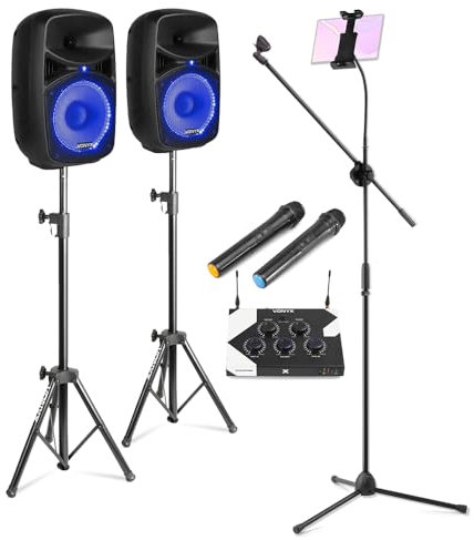 VONYX Home Karaoke System VPS082A with UHF Wireless Microphones, 8-Inch Active Speakers, Bluetooth Mixer, Speaker Stands and Tablet Stand - Karaoke Speaker System for Adults