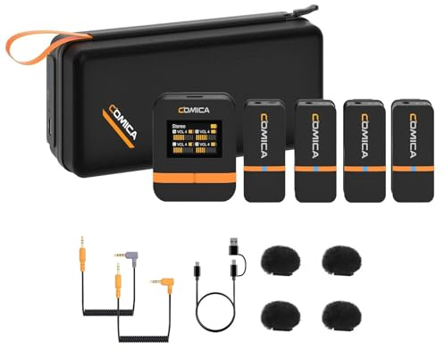 Comica Vimo Q Système de microphone cravate sans fil avec 4 émetteurs et 1 récepteur, sortie 4 pistes audio, portée de 200 m, suppression du bruit, micro pour appareil photo, iPhone, Android, enregist