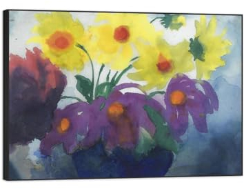 TAPHET Bilder Abstrakt Blumen. Blumen Leinwandbild. Lila und gelbe Dahlien. Schwarzer Rahmen Retro Wandkunst Wandbilder für Wohnzimmer Schlafzimmer Heimdekoration 70x100cm