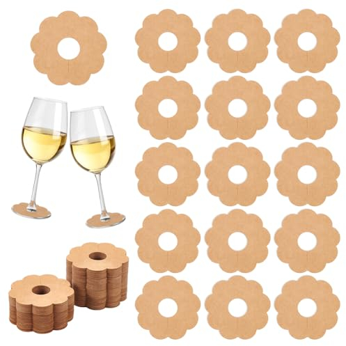 FINGERINSPIRE 150Pcs Marqueur de Verre à Vin en Papier 7cm Avec Fleurs Vierges pour Verres à Pied Étiquettes de Nom de Boisson BurlyWood Étiquette de Vin Jetable Verre à Vin Breloque de Boisson