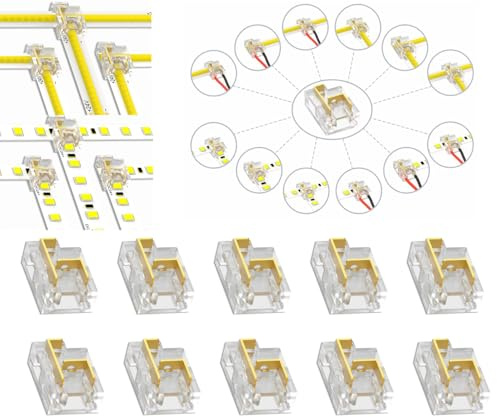 YUTOKEER Lödfri LED-remsanslutning, 2-stift, 8 mm, COB/SMD, 12 anslutningstyper, L-och T-form, kabel- och remsanslutningar, klar, 10-pack