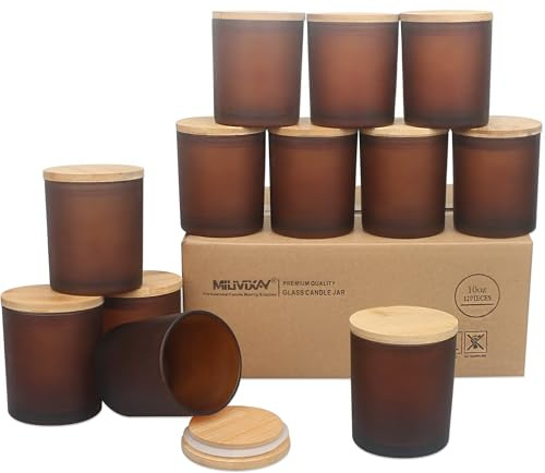MILIVIXAY Lot de 12 pots en verre épais ambré givré de 10 onces avec couvercles, pots vides en vrac pour la fabrication de bougies, contenants pour épices et poudre.
