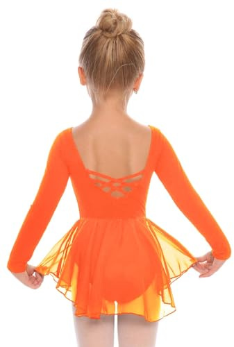 Beyove Ballet Dresses Girls Backless Cotton Ballet Body Suit Ballet Long Sleeve Ballet Body Suit Ballet Body Suit Children with Skirt Chiffon Tutu Orange 130