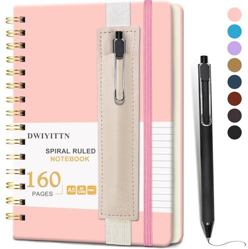 DWIYITTN Carnet de Notes avec Stylo, Cahier Spirale A5 Ligné 160 Pages / 80 Feuilles, Couverture Rigide en Cuir, Journal avec Stylo et Porte-stylo, Carnet Bloc-notes, 14.5 x 21 cm, 80 g/m² - Rose