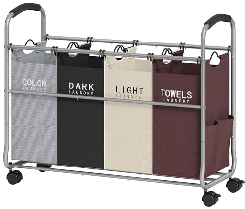 Tajsoon Laundry Sorter 4 Sections, Laundry Separator Hamper with Heavy Duty Lockable Rolling Wheels, Laundry Divider with Removable Bags for Dirty Clothes Storage, 4 Colors