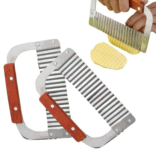 Cutter de cuisine crinkle en acier inoxydable - Trancheuse ondulée en acier inoxydable - Rabot de cuisine français avec manche en bois - Outil de coupe pour pommes de terre et carottes
