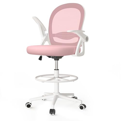 rattantree Ergonomischer Bürostuhl, Schreibtischstuhl mit Verstellbare Fußstütze Ring, Höhenverstellbarer, Computerstuhl mit Hochklappbaren Armlehnen, Drehstuhl für Büro, Rosa