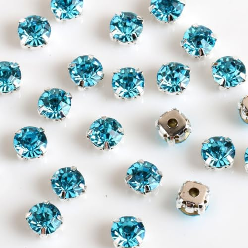 288 Stücke Strasssteine zum Aufnähen Blau 8 mm, Glas Strass zum Nähen Basteln, Silber Krappenfassung mit 8 Löchern, DIY Kleidung Tasche Tisch Party Dekoration
