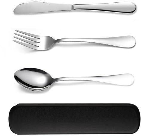 jatimdotin 4 Set de Couverts en INOX, Couverts de Camping avec Étui, Couteau/Fourchette/Cuillère pour Voyage, École, Bureau, Lavable au Lave-Vaisselle (Noir)