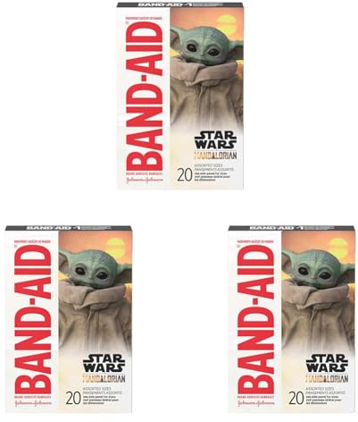 Band-Aid Brand Adhesive Bandages for Minor Cuts & Scrapes, Wound Care Featuring Star Wars The Mandalorian Characters for Kids and Toddlers, Assorted Sizes 20 ct (Pack of 3)