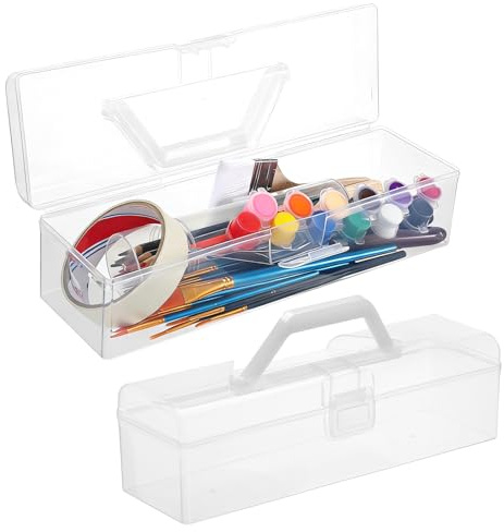 UKCOCO Storage Boxes with Handle: 2 pack Clear Plastic Storage Boxes with Lid Small Portable Craft Organiser for Arts Crafts, Stationery, Pencil, Paint Brush, Nail Polish, 12 inch