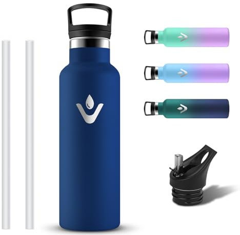 Grsta Botella Agua Acero Inoxidable, Prueba de Fugas Botella Termica 500ml sin BPA con 2 Tapones, Reutilizable Cantimplora Termica con Pajita y Filtro para Niños, Colegio, Gym, Cámping