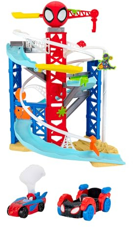 MARVEL Spidey and His Amazing Friends Construction Zone Chaos Track Set - 2-Foot High Dual Race Track with Zip Line, Play Zones, and Exclusive Vehicles