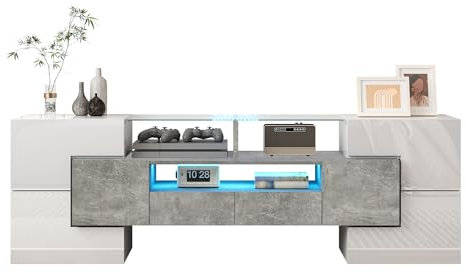 Stylish 145cm TV Stand High Gloss White TV Lowboard with LED Lighting & Glass Top Modern Living Room Furniture (White & Gray) - Elegant Design for Home Décor