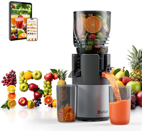 Blutan B Megajuicy 150 mm XL slow juicer – kaltpress entsafter für obst & gemüse, mit rückwärtslauf, BPA-frei, leicht zu reinigen, inkl. bürste & 2 behälter (550 ml, 450 ml), 300 W – für saft & sorbet